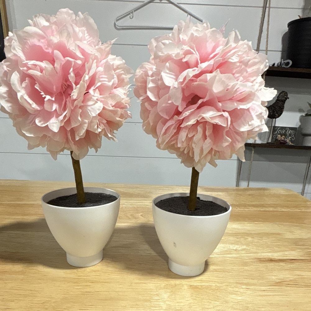 Set of 2 Pink & White Artificial Potted Tree Topiary Flowers w/ White Pots